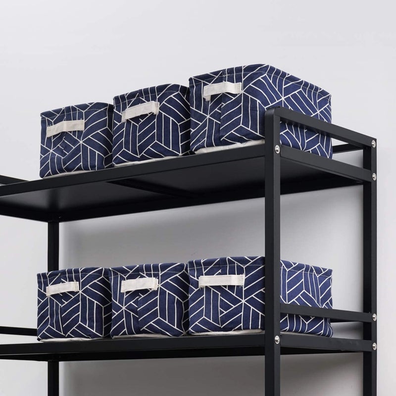 CROWNED 6 Pcs Storage Basket Foldable Cube Fabric Bins Square Mini Box Receive Organizer Rectangle Canvas with Handles for Home Office Books Small 11x8x6.3 inch Navy - Image 5